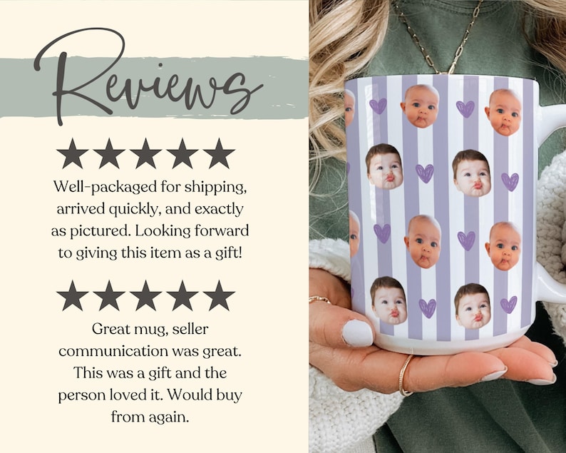 May include: White ceramic mug with a repeating pattern of baby faces and purple hearts on a light purple striped background. The mug has a white handle. The word "Reviews" is at the top of the image. The mug is held by a person.