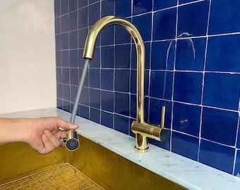 Grifo de cocina extraíble de latón macizo sin lacar, grifo para fregadero de latón