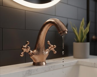 Grifo de baño de cobre de estilo rústico, hecho a mano en Marruecos, grifo de lavabo de latón, accesorio rústico para tocador.
