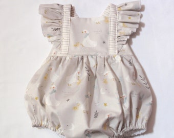 Baby Girl Duck Romper, Toddler Bubble Romper with Momma and Baby Ducks on a warm gray and white cotton fabric, flutter ruffles, birthday