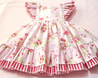 ON SALE 12 MO Pink Floral Baby Girl Dress, Special Occasion Dress, Flutter Ruffles, Double Ruffles, Ready to Ship