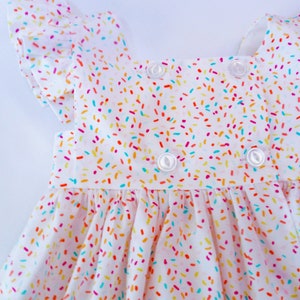 Girls Sprinkles Birthday Dress, birthday party dress, baby girl sprinkles pinafore dress, toddler birthday sprinkles dress, ruffles image 5