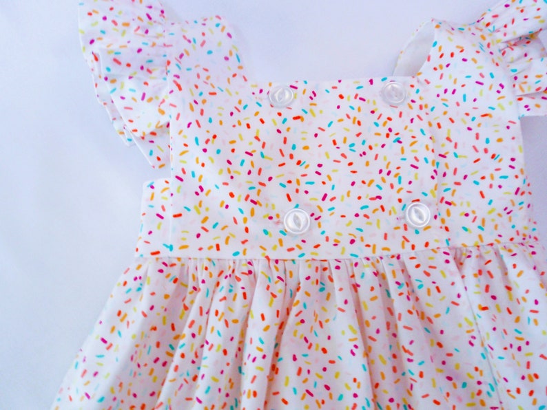 Girls Sprinkles Birthday Dress, birthday party dress, baby girl sprinkles pinafore dress, toddler birthday sprinkles dress, ruffles image 5