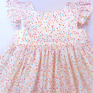 Girls Sprinkles Birthday Dress, birthday party dress, baby girl sprinkles pinafore dress, toddler birthday sprinkles dress, ruffles image 2