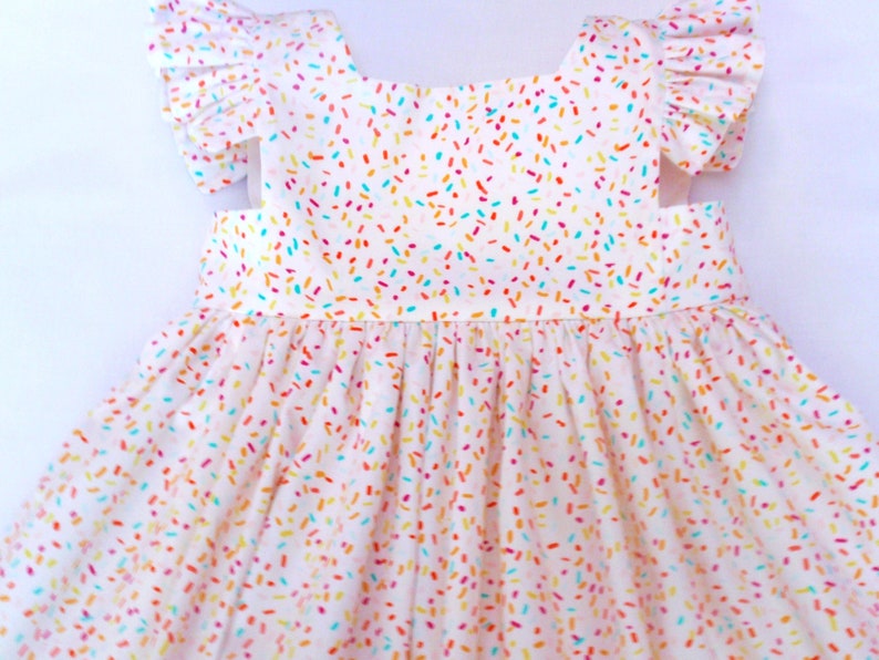 Girls Sprinkles Birthday Dress, birthday party dress, baby girl sprinkles pinafore dress, toddler birthday sprinkles dress, ruffles image 2