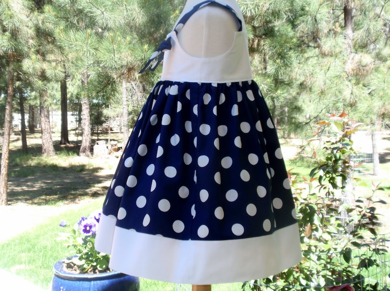 ON SALE Girls Nautical Dress Handmade Cotton Dress Navy and White Polka Dot Dress Baby Girl Nautical Dress Toddler Summer Dress