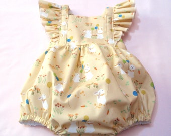 Yellow Bunny Romper, Bunny Rabbit Bubble Romper with Flutter Sleeves, Baby Girl Yellow Bunny Romper, also available in Lavender or a dress