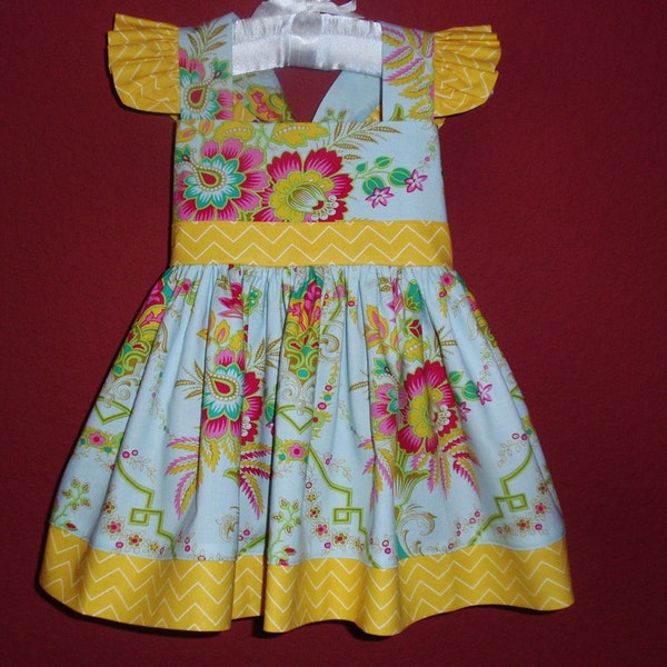 Girls Easter Dress, Toddler Easter Dress, Blue Floral, Flutter Sleeves, Yellow Chevron, Baby Easter Dress , Special Occasion