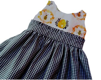 Girls Bumble Bee Dress, Toddler Bumble Bee Dress, Black and White Gingham, Back to School Dress