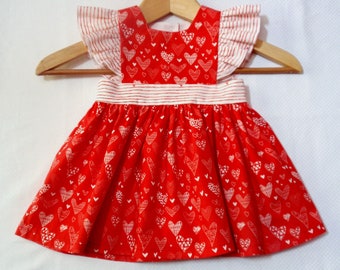 Baby girl Valentine's Day Dress, Red and White Hearts Cotton Pinafore Dress, Flutter Ruffles, Boutique baby dress