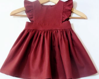 Girls Burgundy Linen Fall Dress: Baby Girl Linen Cotton Blend Dress, Back to School