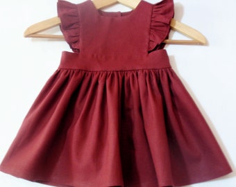 Girls Burgundy Dress, Baby Girl Fall Burgundy Linen Cotton Blend Dress, Toddler Burgundy Fall Dress, Fall Photos, Christmas, Pinafore Style