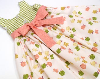 Girls Apple Dress, Baby Toddler Fall Green and Cream Outfit, cotton designer fabrics