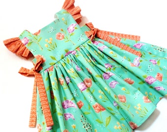 Girls Mint Floral Dress, Toddler Mint Floral Pinafore Style Dress, Baby Mint floral summer dress, Also available in Purple Orchid