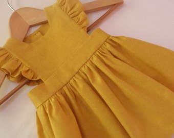 Girls Mustard Linen Pinafore Dress, Baby Girl Toddler Fall Mustard Yellow Dress, Family Fall photos, Boho Linen Cotton Blend Dress, Handmade