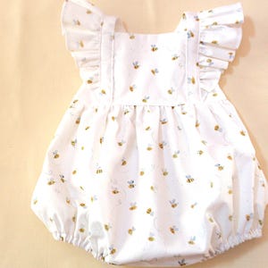 Baby Girl 1st Bee Day Romper: Toddler Honeybee Bubble Romper, Flutter Sleeves, designer cottons