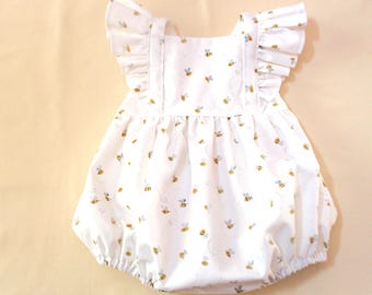 Baby Girl 1st Bee Day Romper: Toddler Honeybee Bubble Romper, Flutter Sleeves, designer cottons