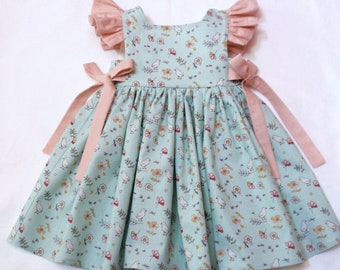 Girls Blue Floral Easter Dress, Infant Baby Toddler Blue Easter Pinafore Dress with white birds/chicks, flutter sleeve Easter dress