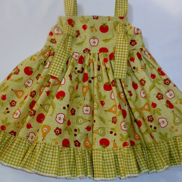 SUMMER SALE - Size 12-18 month, Toddler Fall Dress, Apples, Tomatoes, Veggies Dress, Toddler Green Dress - Knot Dress - Ruffles - Handmade