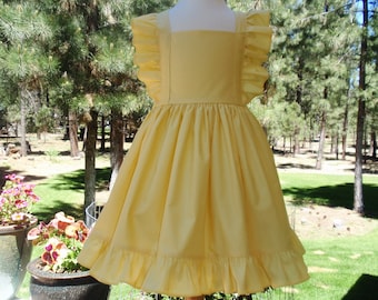 Girls Yellow Princess Belle Dress, Baby Toddler Yellow Pinafore Dress, Flutter Ruffles, Twirl Dress, Disney vacation Belle Dress, Birthday