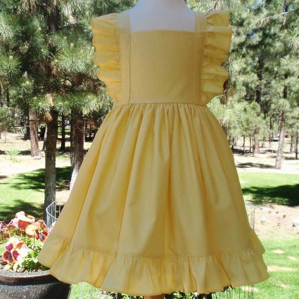 Girls Yellow Princess Belle Dress, Baby Toddler Yellow Pinafore Dress, Flutter Ruffles, Twirl Dress, Disney vacation Belle Dress, Birthday