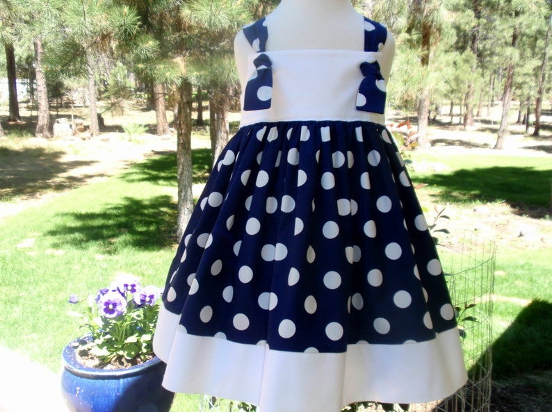 ON SALE Girls Nautical Dress Handmade Cotton Dress Navy and White Polka Dot Dress Baby Girl Nautical Dress Toddler Summer Dress