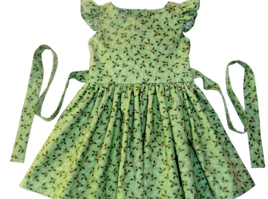 Baby Girl Green Christmas Dress, Green Holly Print With Flutter Sleeves