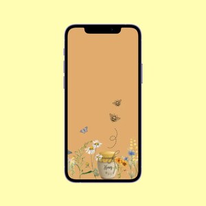 くまのプーさんのスマホ壁紙｜落ち着いたアースカラー、ハチミツの瓶、花（デジタルダウンロード）