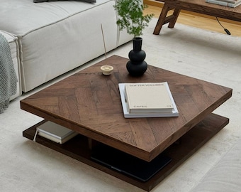 Square coffee table with storage, antique oak parquet, Wabi Sabi Cube Table Storage, Japandi Design, Reclaimed Parquet Oak, Solid Oak