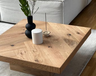 Square coffee table in oak parquet, Japandi design, solid wood, reclaimed wood, reclaimed parquet oak