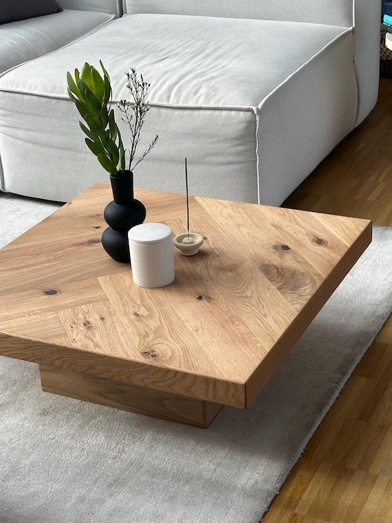 Couchtisch Quadratisch Eichenparkett, Japandi Design, Square Coffee Table, Table Basse, Massiv Holz, Altholz, Reclaimed Parquet Oak