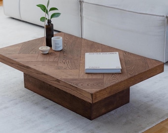 Coffee table, Japandi style, rectangular, reclaimed oak parquet, solid oak wood, Table Basse, Reclaimed Parquet Oak Rectangular