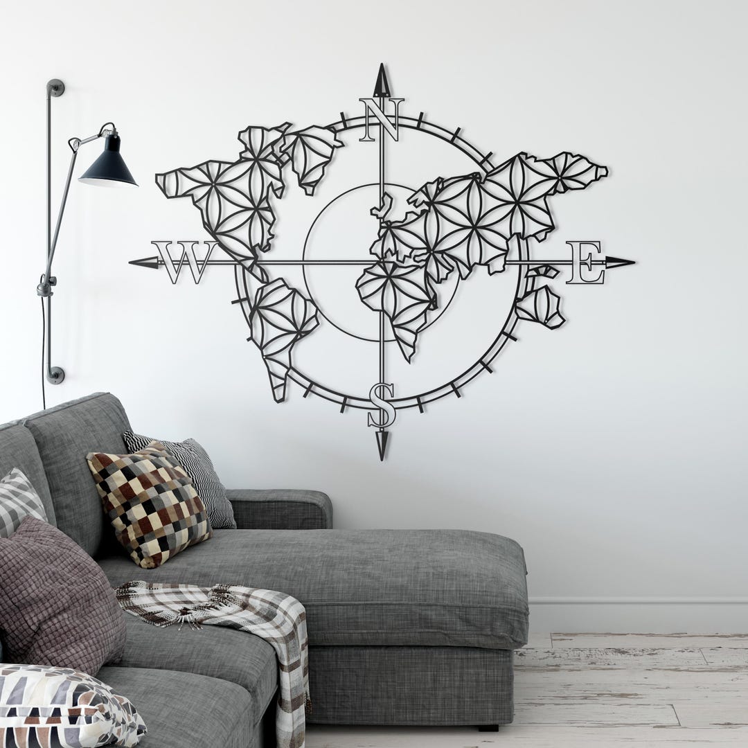 Large Metal World Map Wall Decor, Compass and World Map Metal Wall Art ...