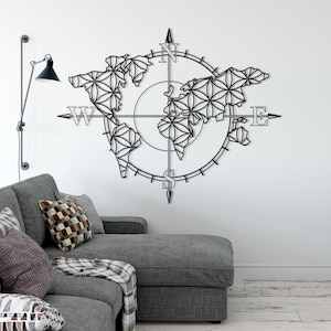 Grande décoration murale carte du monde en métal, boussole et carte du monde, art mural en métal, décoration murale de bureau, décoration de salon, art mural carte de la vie