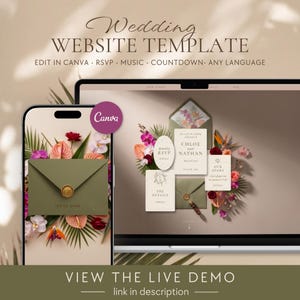 Puede incluir: Una plantilla de sitio web de bodas en la pantalla de un teléfono inteligente y una computadora portátil, con un sobre verde oliva con un sello de cera dorado, rodeado de flores tropicales y hojas de palma. El texto incluye Wedding Website Template, Edit in Canva, RSVP, Music, Countdown, Any Language, Chloe and Nathan, Our Story y The Details.