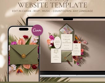Può includere: Un modello di sito web per matrimoni visualizzato su uno smartphone e uno schermo di un portatile, con una busta verde oliva con un sigillo di ceralacca dorato, circondata da fiori tropicali e foglie di palma. Il testo include Wedding Website Template, Edit in Canva, RSVP, Music, Countdown, Any Language, Chloe and Nathan, Our Story e The Details.