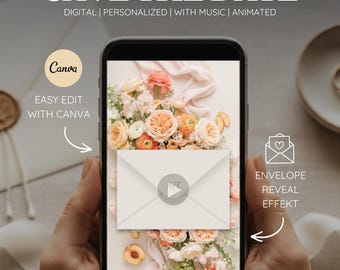 Può includere: Uno smartphone mostra un invito di nozze digitale con la scritta "SAVE THE DATE". Il design presenta una composizione floreale con fiori color pesca e crema. L'invito è animato e modificabile con Canva.