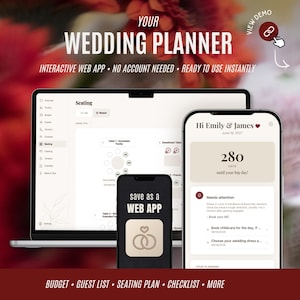 Könnte beinhalten: Eine interaktive Hochzeitsplaner-Web-App, dargestellt auf einem Laptop, einem Smartphone und einem kleineren Mobilgerät. Die Bildschirme zeigen einen Sitzplan, einen Countdown von 280 Tagen und eine Aufgabenliste. Text beinhaltet YOUR WEDDING PLANNER.