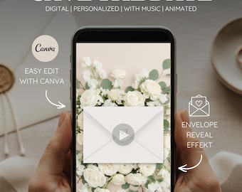 Può includere: Uno smartphone mostra un invito di nozze digitale con la scritta "SAVE THE DATE". L'invito presenta uno sfondo floreale e una busta animata. Il testo sullo schermo recita "EASY EDIT WITH CANVA" e "ENVELOPE REVEAL EFFEKT".