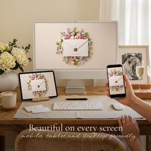 Desk scene with a monitor, tablet, and phone all displaying the same cream floral envelope sealed with a wax stamp reading "Tap to open." Caption below: "Beautiful on every screen – mobile, tablet and desktop friendly."