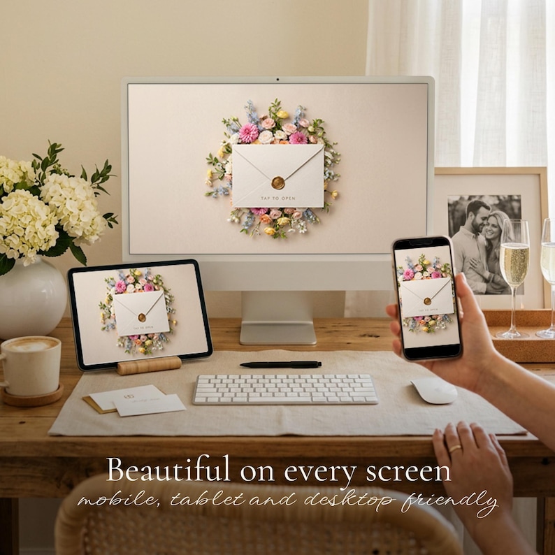 Desk scene with a monitor, tablet, and phone all displaying the same cream floral envelope sealed with a wax stamp reading "Tap to open." Caption below: "Beautiful on every screen – mobile, tablet and desktop friendly."