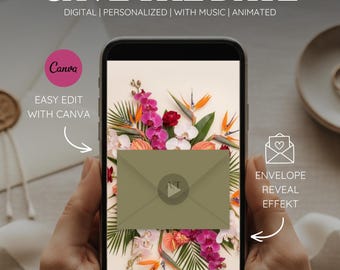Può includere: Uno smartphone mostra un invito digitale con la scritta "SAVE THE DATE". L'invito presenta una composizione floreale con fiori rosa, rossi e arancioni. Il design include il testo "DIGITAL | PERSONALIZED | WITH MUSIC | ANIMATED" e "EASY EDIT WITH CANVA".