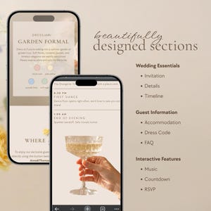 Two smartphones display website detail pages: a "Garden Formal" dress code card with four color swatches (pink, yellow, blue, green), and an event timeline with times and a hand holding a champagne glass.
