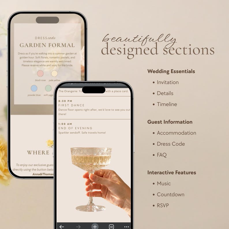 Two smartphones display website detail pages: a "Garden Formal" dress code card with four color swatches (pink, yellow, blue, green), and an event timeline with times and a hand holding a champagne glass.
