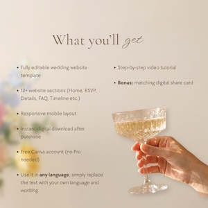 Beige background with a bulleted "What you'll get" list: editable template, 12+ sections, responsive layout, instant download, free Canva account, use in any language. A hand holds a champagne coupe in the corner.