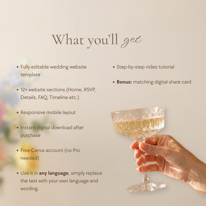 Beige background with a bulleted "What you'll get" list: editable template, 12+ sections, responsive layout, instant download, free Canva account, use in any language. A hand holds a champagne coupe in the corner.