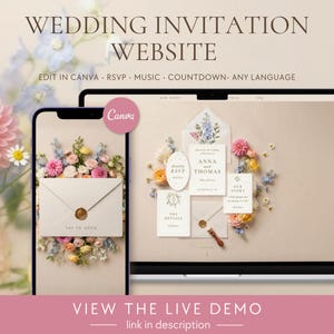 Wedding Website Template Canva | Editable Digital Wedding Website with RSVP, Music & Countdown | Floral Invitation