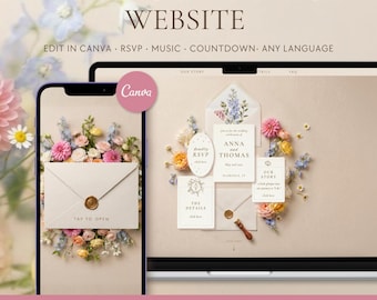 Wedding Website Template Canva | Editable Digital Wedding Website with RSVP, Music & Countdown | Floral Invitation