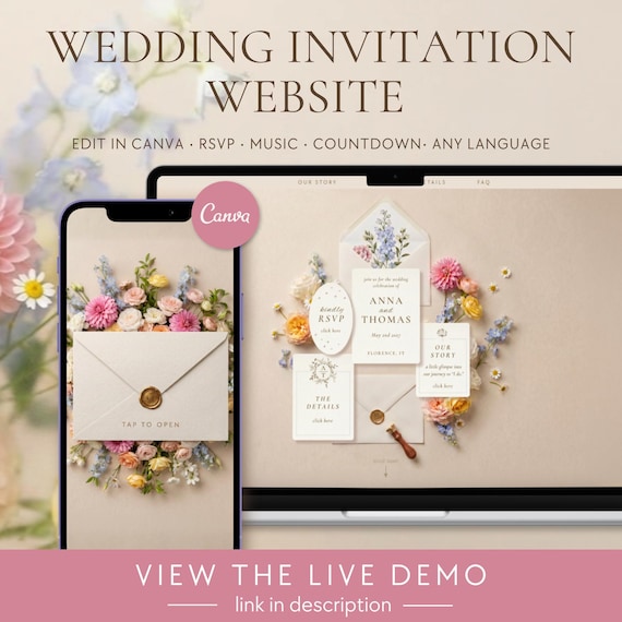 Wedding Website Template Canva | Editable Digital Wedding Website with RSVP, Music & Countdown | Floral Invitation