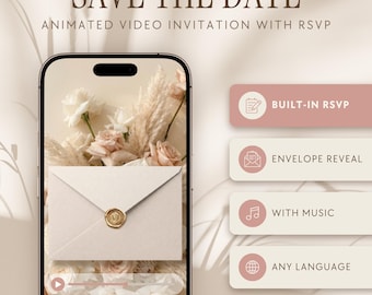 Può includere: Uno smartphone mostra un invito video animato con il testo SAVE THE DATE e ANIMATED VIDEO INVITATION WITH RSVP. Le caratteristiche includono BUILT-IN RSVP, ENVELOPE REVEAL, WITH MUSIC e ANY LANGUAGE, con una busta color crema e un sigillo.